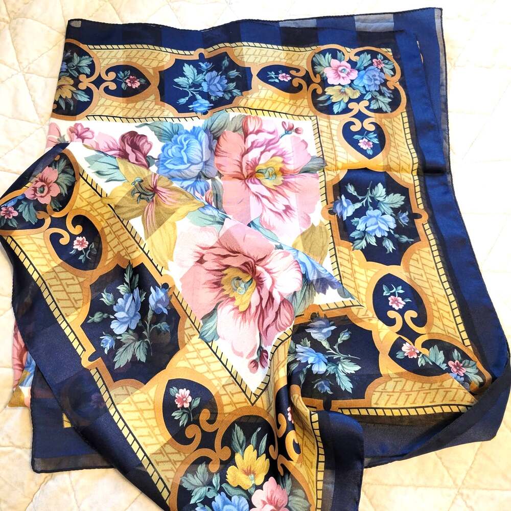 Vintage Scarf Women's Navy Gold Bordered Floral Victorian Cottagecore Old Money